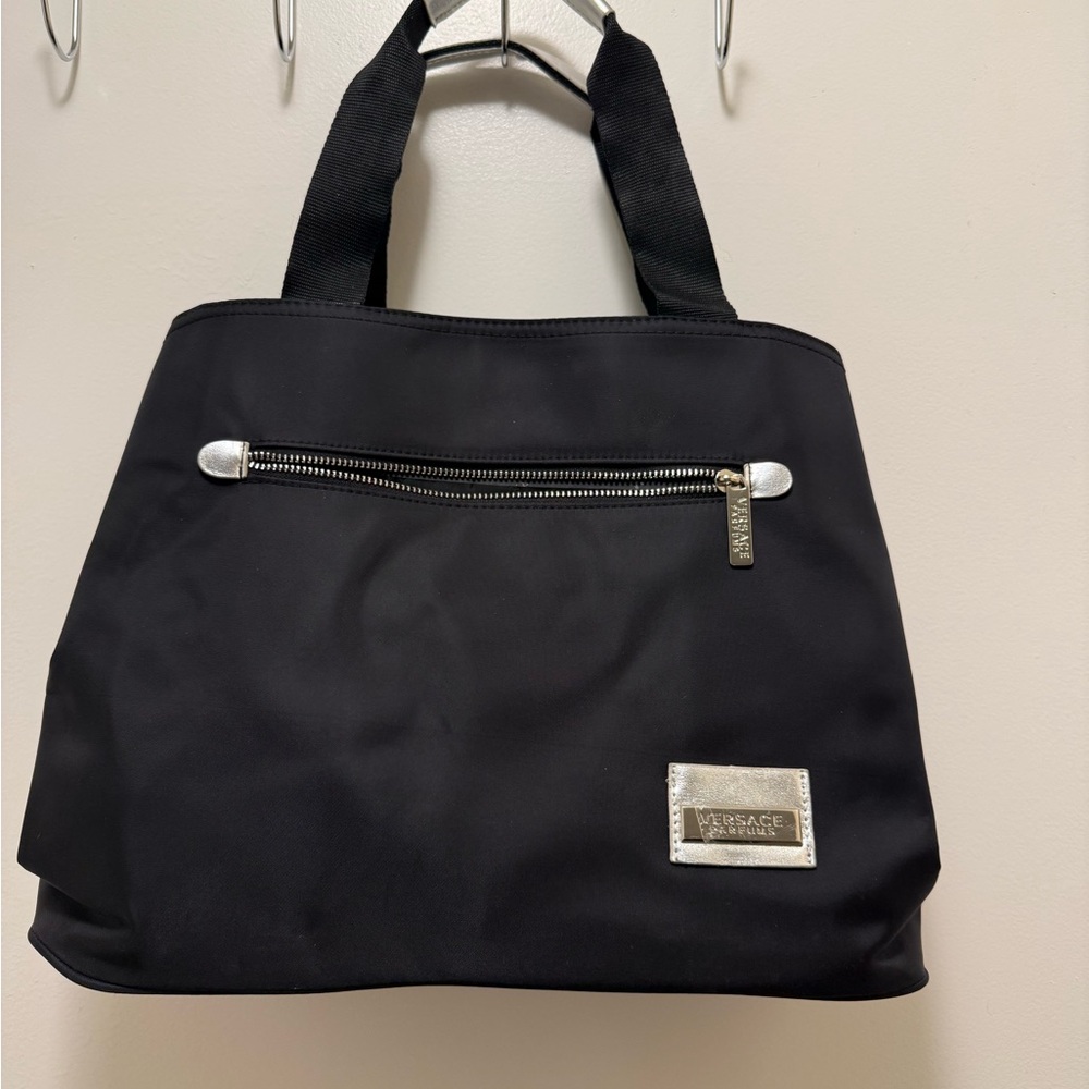 Versace Black Canvas Tote with Silver Accents